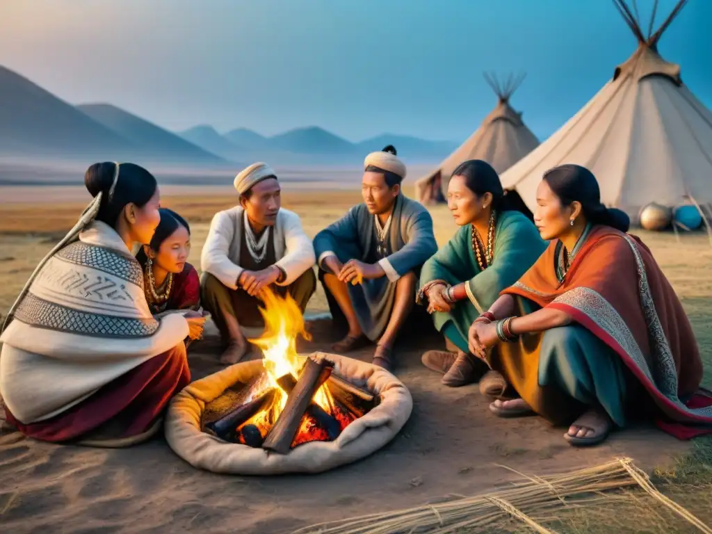 Una fotografía larga exposición de tribus nómadas reunidas alrededor de una hoguera en las estepas, compartiendo tradiciones milenarias