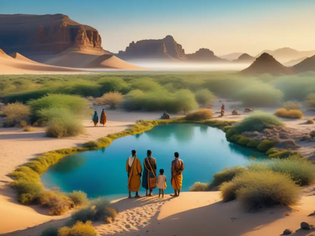 Tribus nómadas en ritual de conservación del agua en un oasis del desierto al atardecer