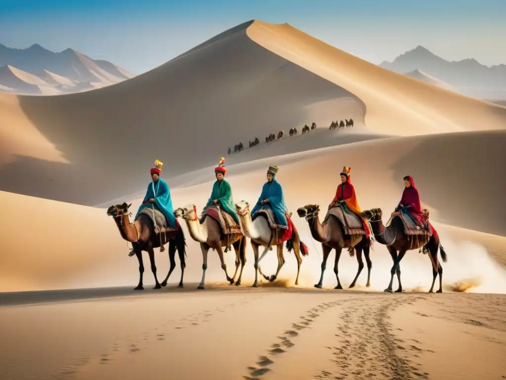 Tribus nómadas en la Ruta: Viaje en camellos por el desierto de la Ruta de la Seda, con paisaje y vestimenta tradicional