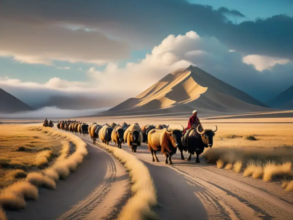 Tribus nómadas en la Ruta: paisaje de estepa árida con yaks, jinetes y cielo dramático al atardecer