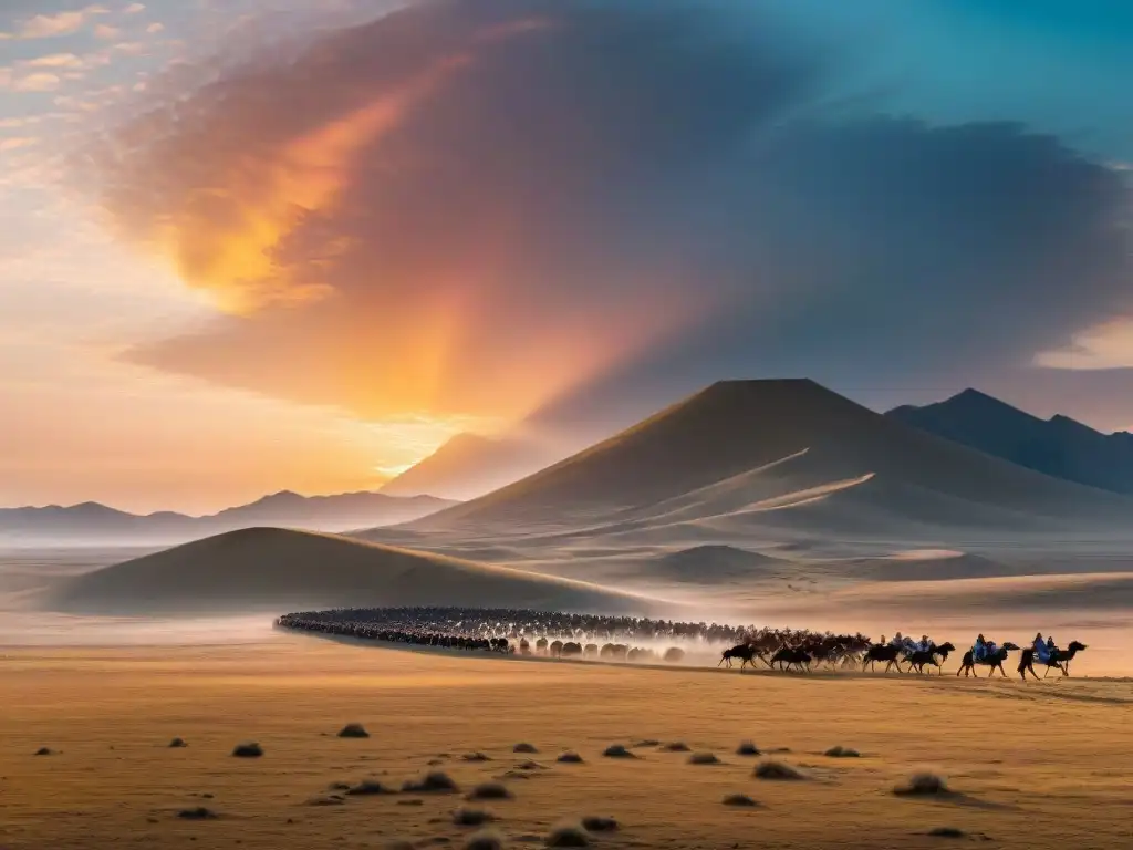 Tribus nómadas en la Ruta: Yurtas, animales y paisaje estepario al atardecer en la Ruta de la Seda