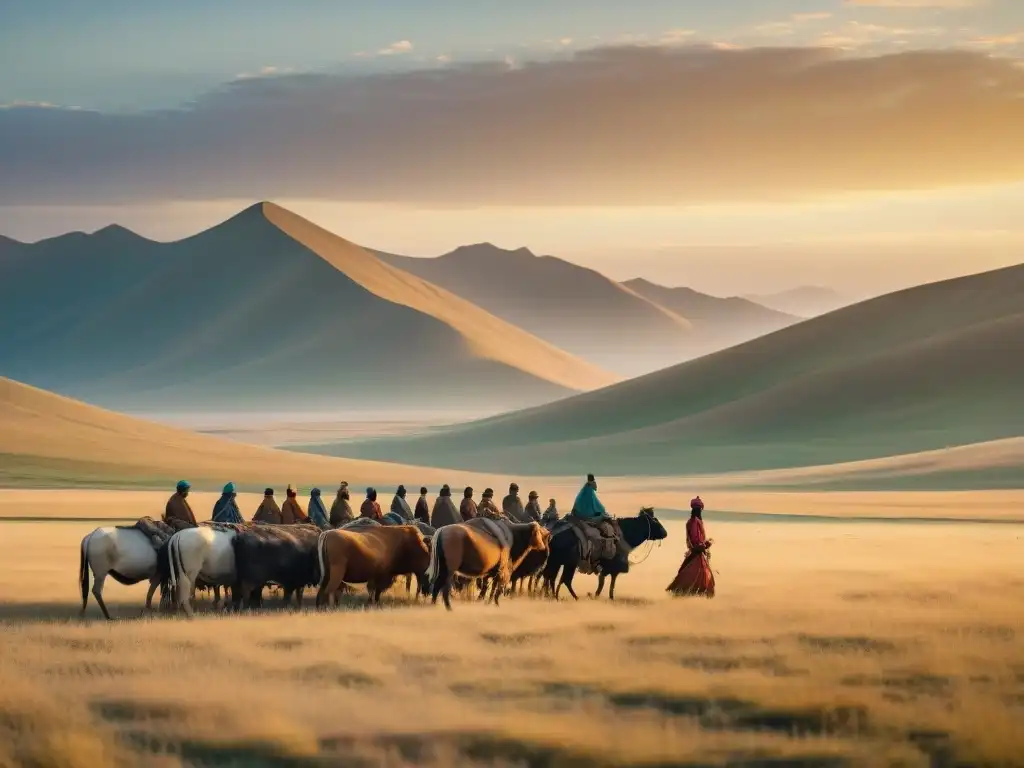 Fotografía larga exposición tribus nómadas en la steppe al atardecer, reflejando la belleza y conexión con la naturaleza