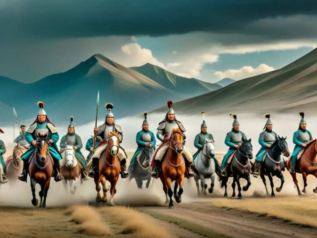 Tribus nómadas táctica ataque relámpago: Ejército mongol en la estepa, liderado por Genghis Khan, cabalgando bajo un cielo tormentoso