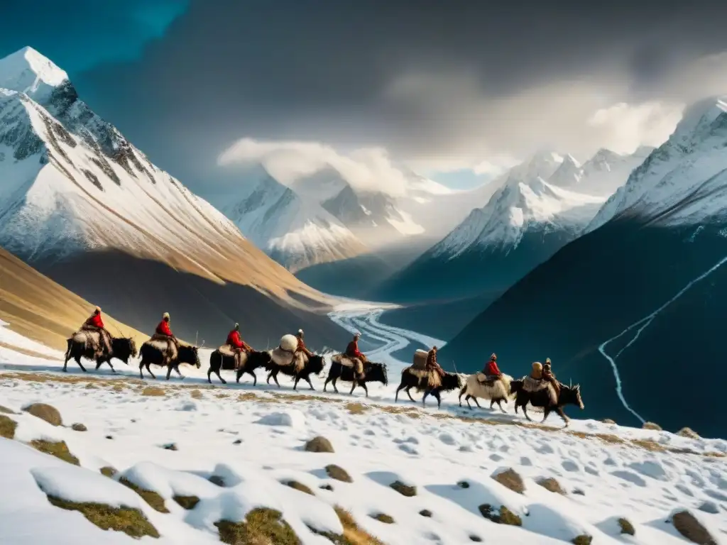 Fotografiando tribus nómadas en terrenos extremos: una imagen en blanco y negro de una tribu cruzando una montaña nevada en tormenta con yaks cargados