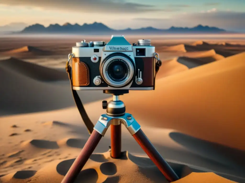 Fotografiar tribus nómadas en terrenos extremos: una cámara vintage en el desierto del Gobi al atardecer