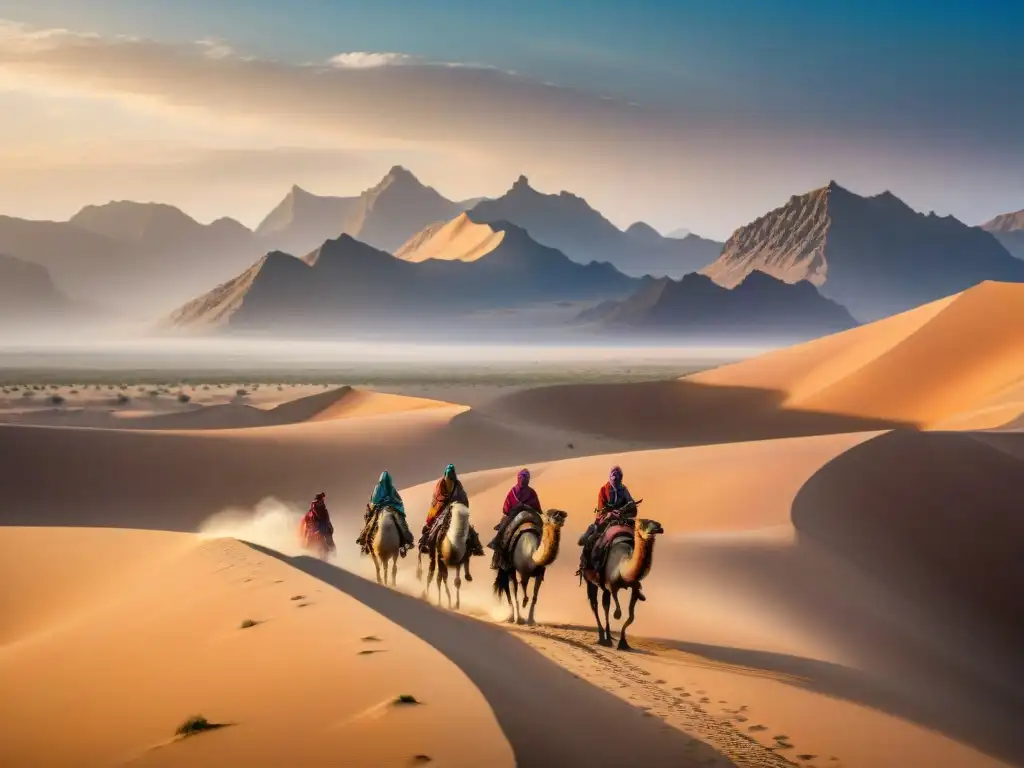 Tribus nómadas en travesía por un desierto dorado, destacando con sus coloridos atuendos