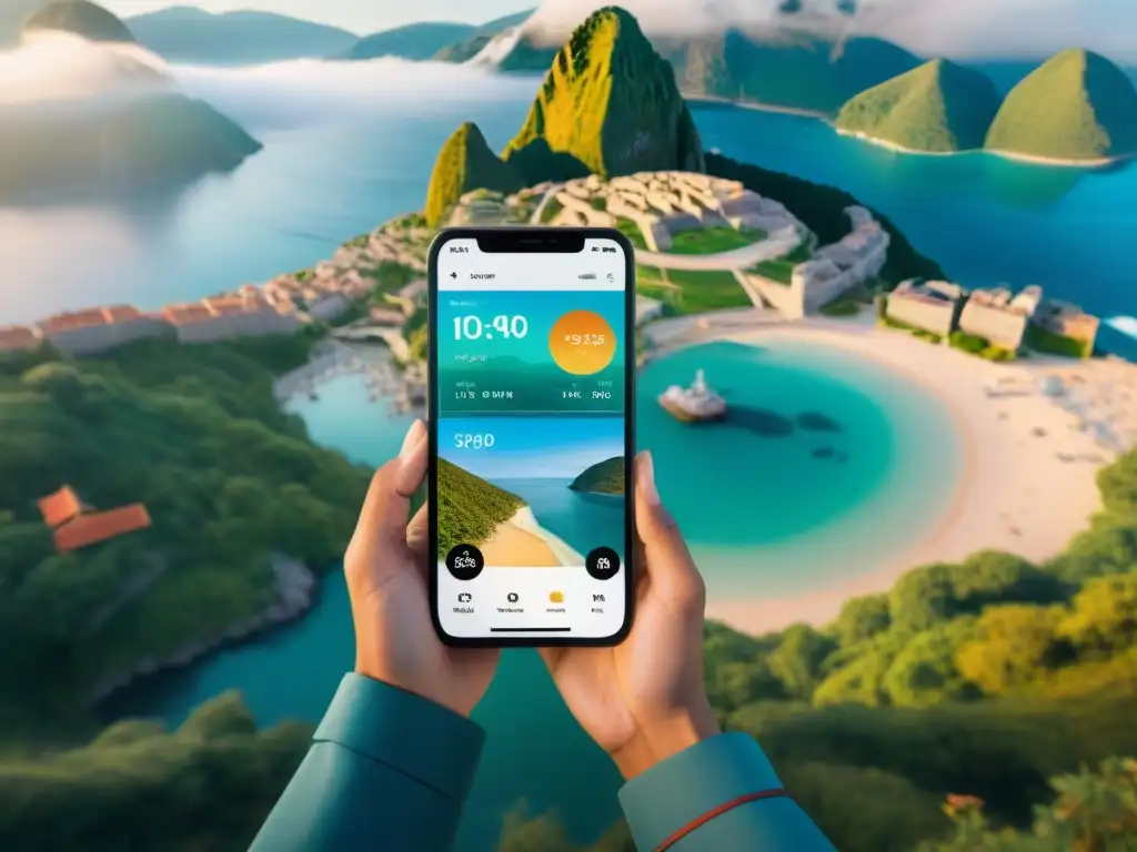 Un trotamundos digital en paisajes icónicos, usando una app fitness