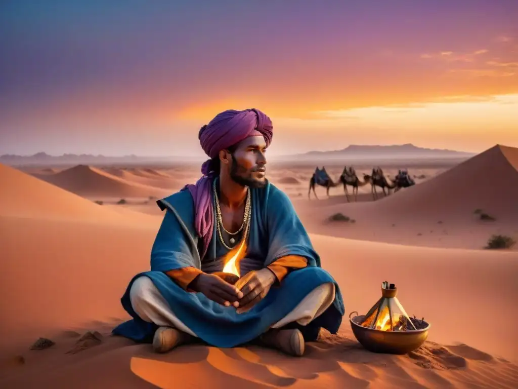 Un Tuareg contemplando el crepúsculo en el desierto, rodeado de simbolismos cultura nómada interpretaciones sueños