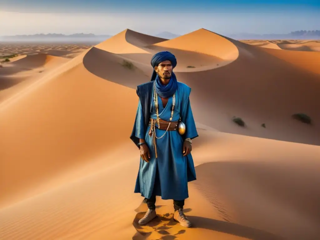 Un Tuareg orgulloso en el desierto del Sahara, reflejando la adaptación de su tribu al clima extremo