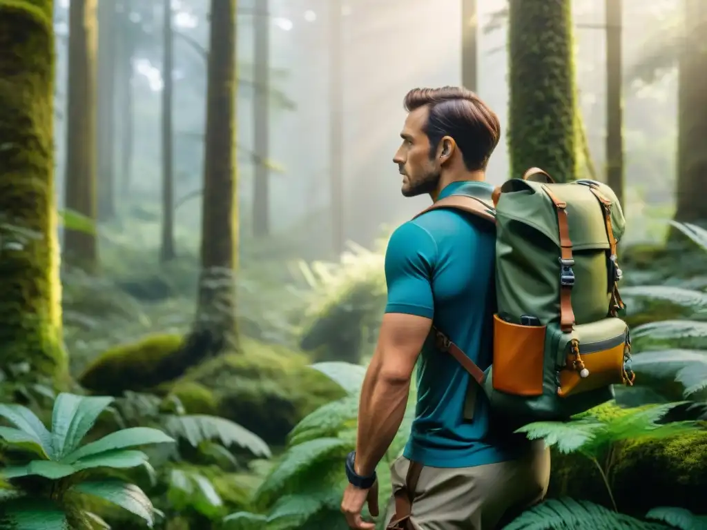 Un valiente explorador en la selva con gadgets de seguimiento de salud, expresión de aventura