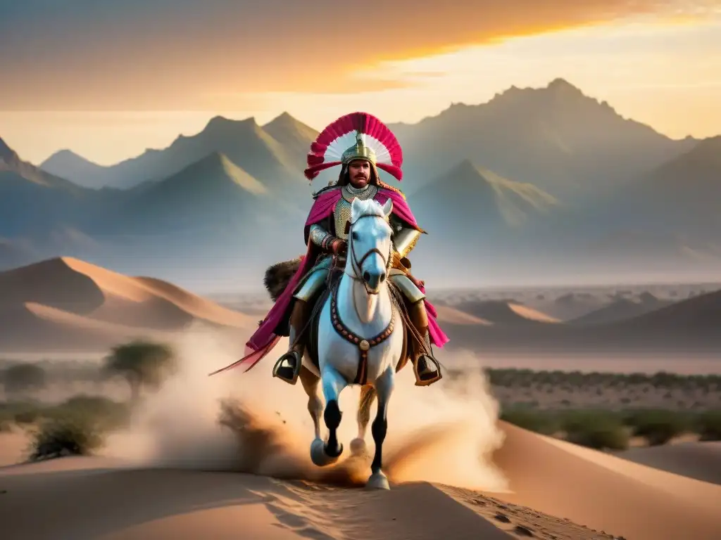 El valiente jefe de una tribu nómada en regalia de guerra, liderando a sus guerreros en el desierto al atardecer