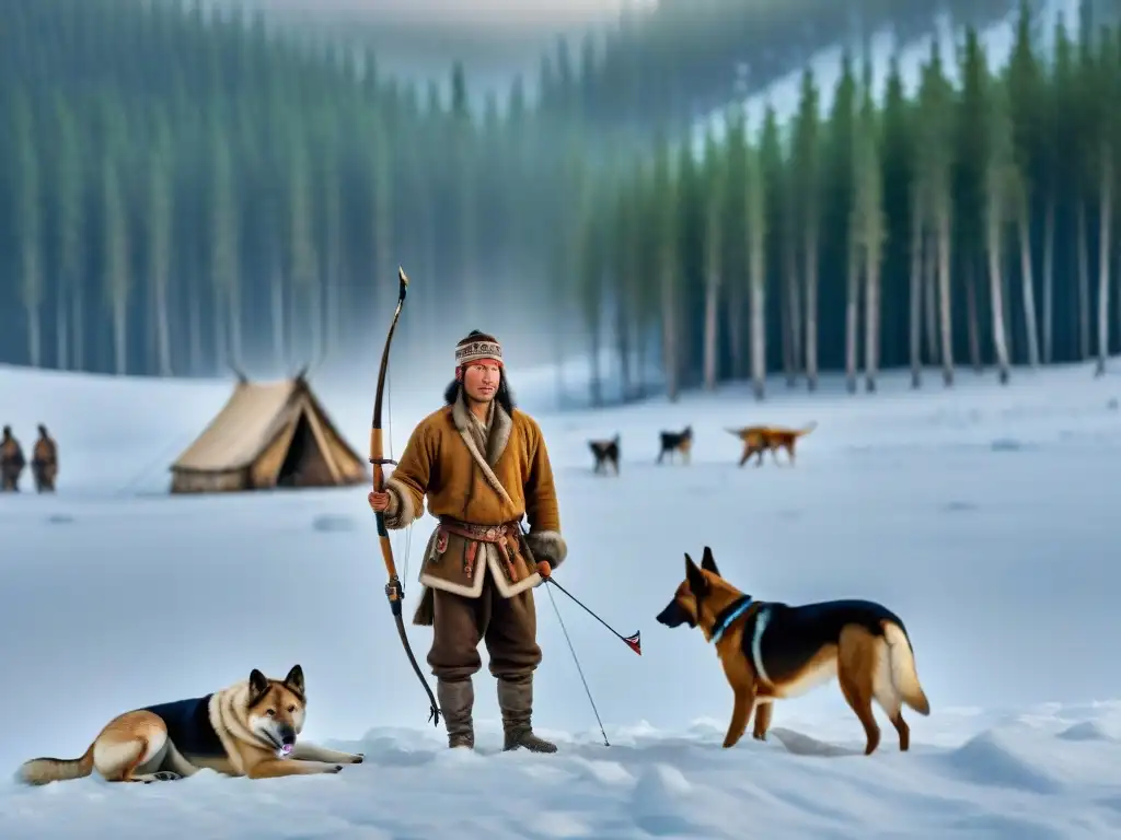 Un valiente nómada Khanty en la taiga nevada de Siberia, con arco y flechas, rodeado de perros de caza