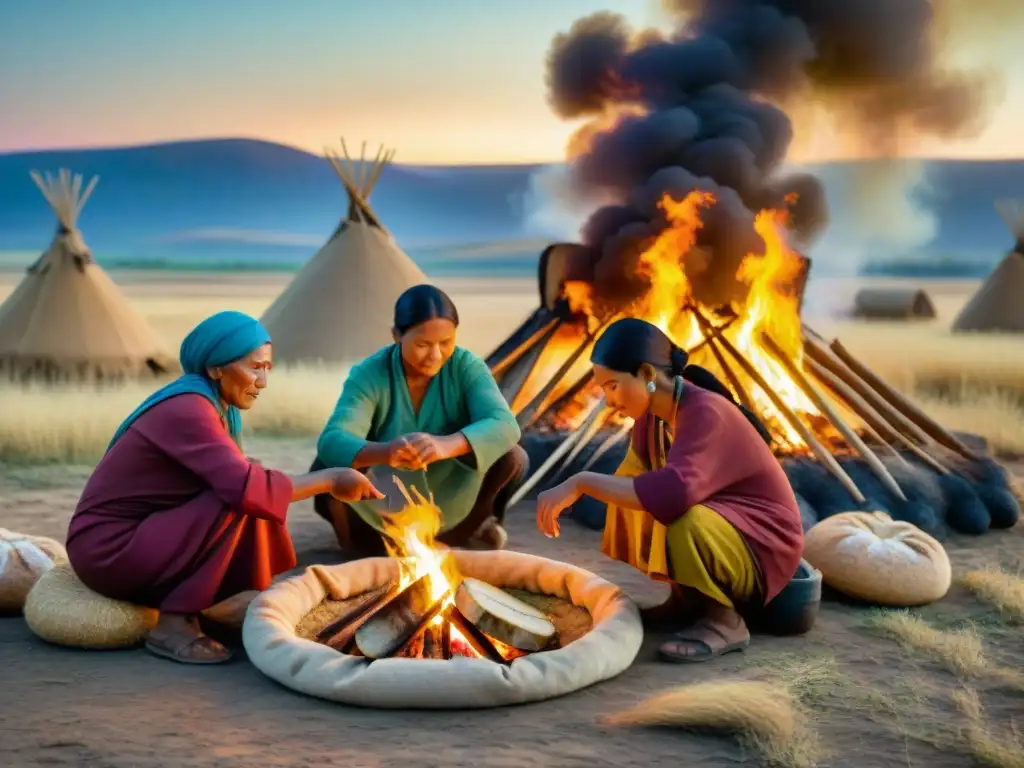 Variedades de pan nómada en las llanuras: Tribu cocinando pan tradicional alrededor de fogata bajo el cielo estrellado