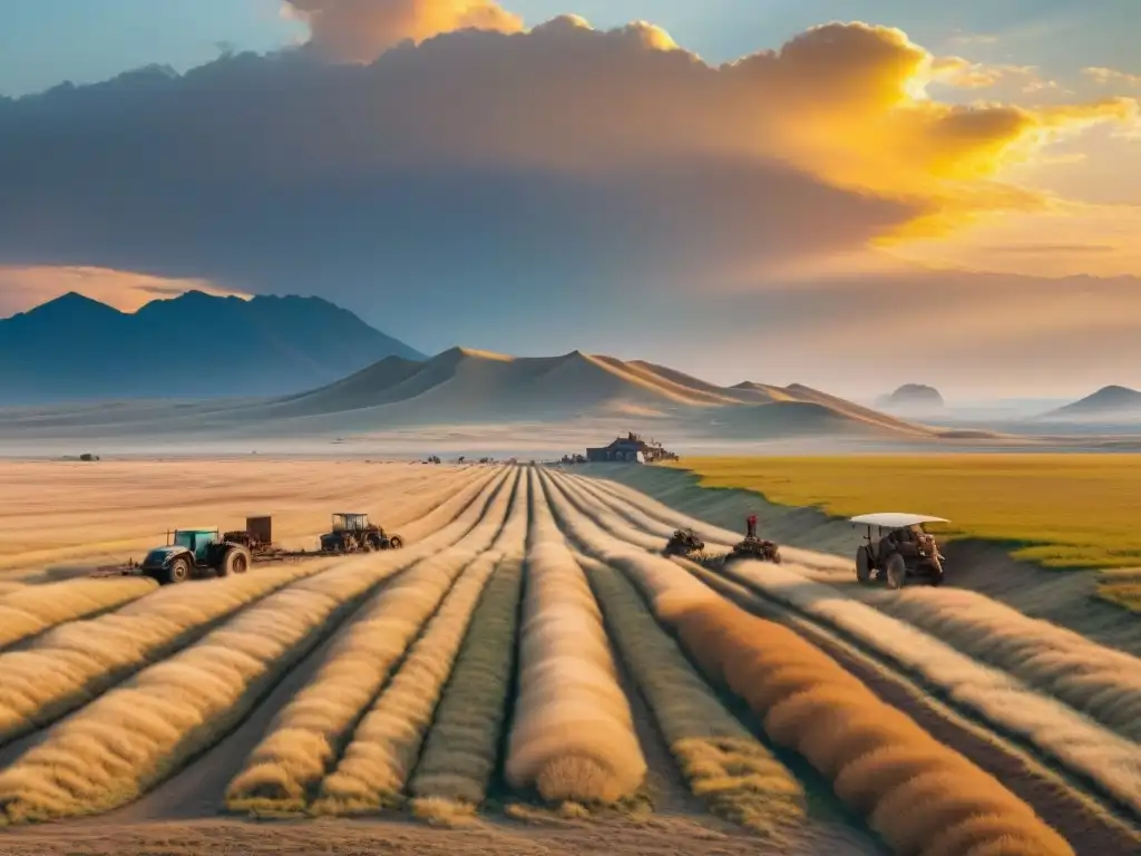 Una vasta estepa dorada con tribus nómadas y herramientas agrícolas antiguas, bajo un cielo vibrante al atardecer