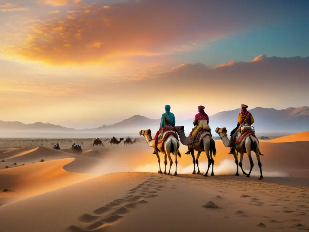 Un vasto desierto bajo un atardecer dorado, con una caravana nómada en camellos