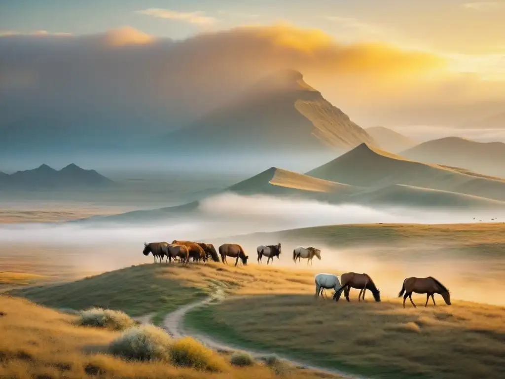 Un vasto paisaje de estepa bajo un atardecer dorado, mostrando flora y fauna