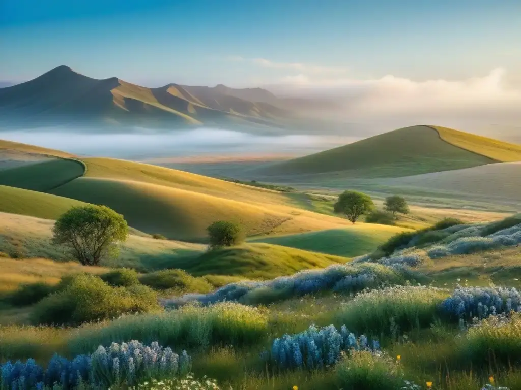 Un vasto paisaje de estepa bajo un cielo azul, con vida silvestre diversa y flores silvestres en flor