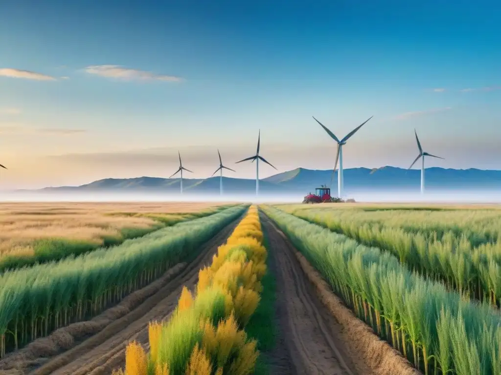 Vasto paisaje dorado de estepas con prácticas sostenibles de agricultura y molinos de viento al fondo