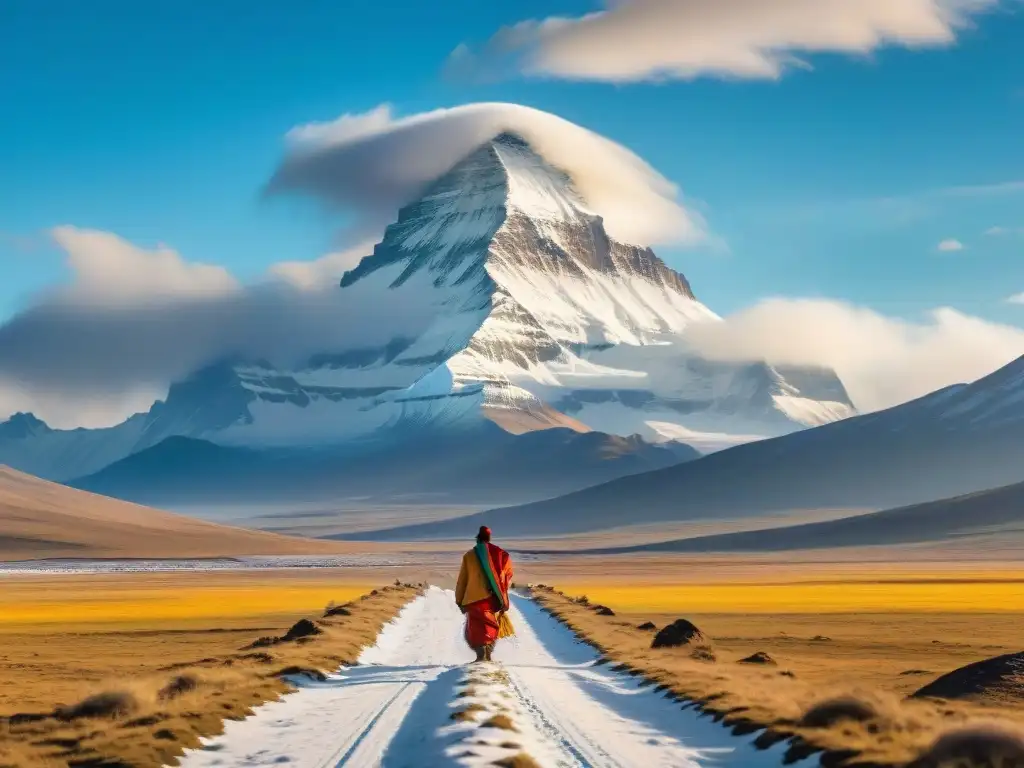 Un vasto paisaje dorado con el imponente Monte Kailash envuelto en mística niebla, lugares sagrados tribus nómadas