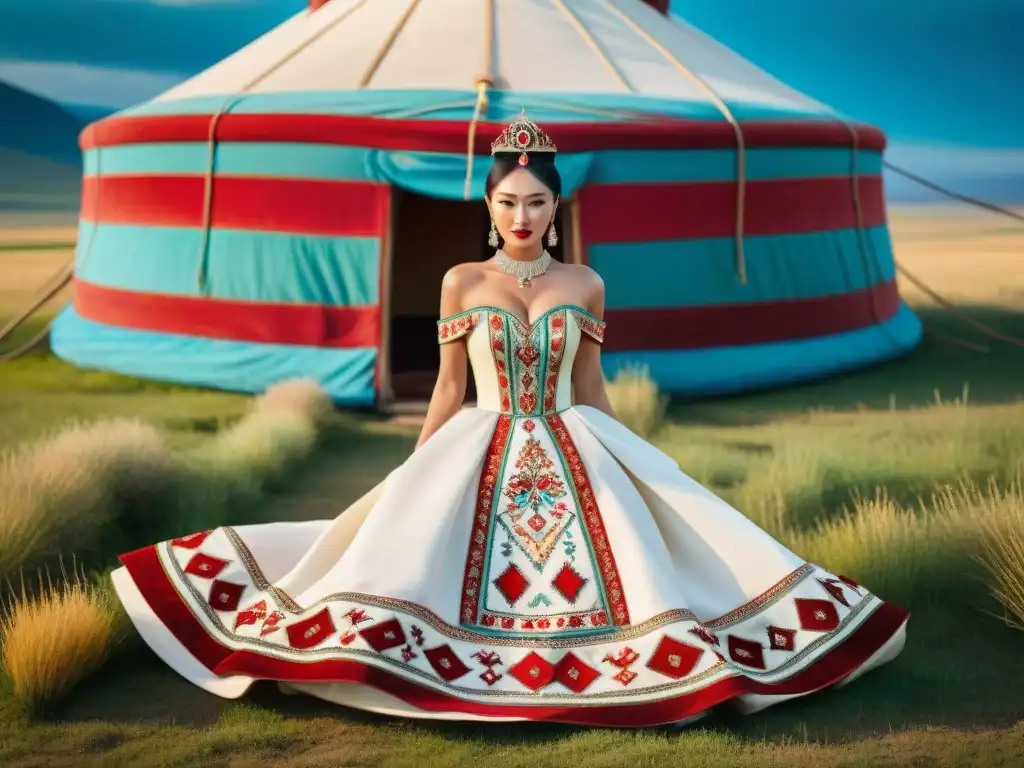 Un vestido de novia kazajo vintage bordado, fusionando tradiciones matrimoniales tribus nómadas en las estepas mongolas