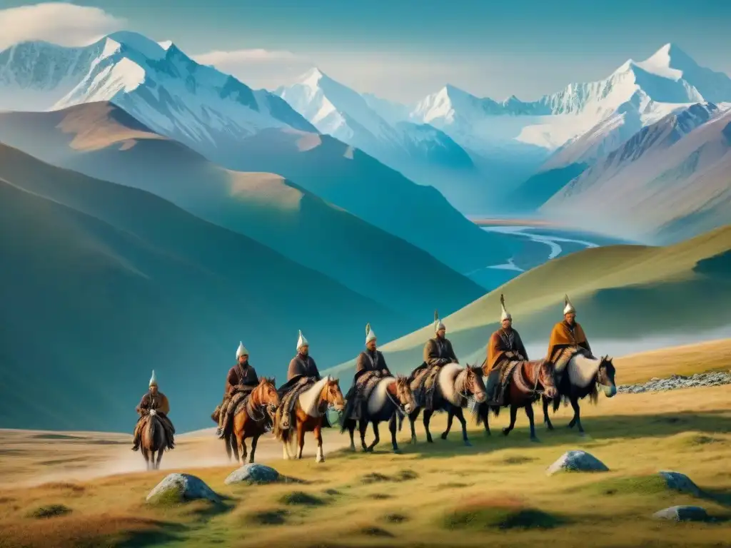 Vestigios nómadas en la Siberia: una ilustración vintage detallada de Scythians recorriendo paisajes, evocando historia y cultura