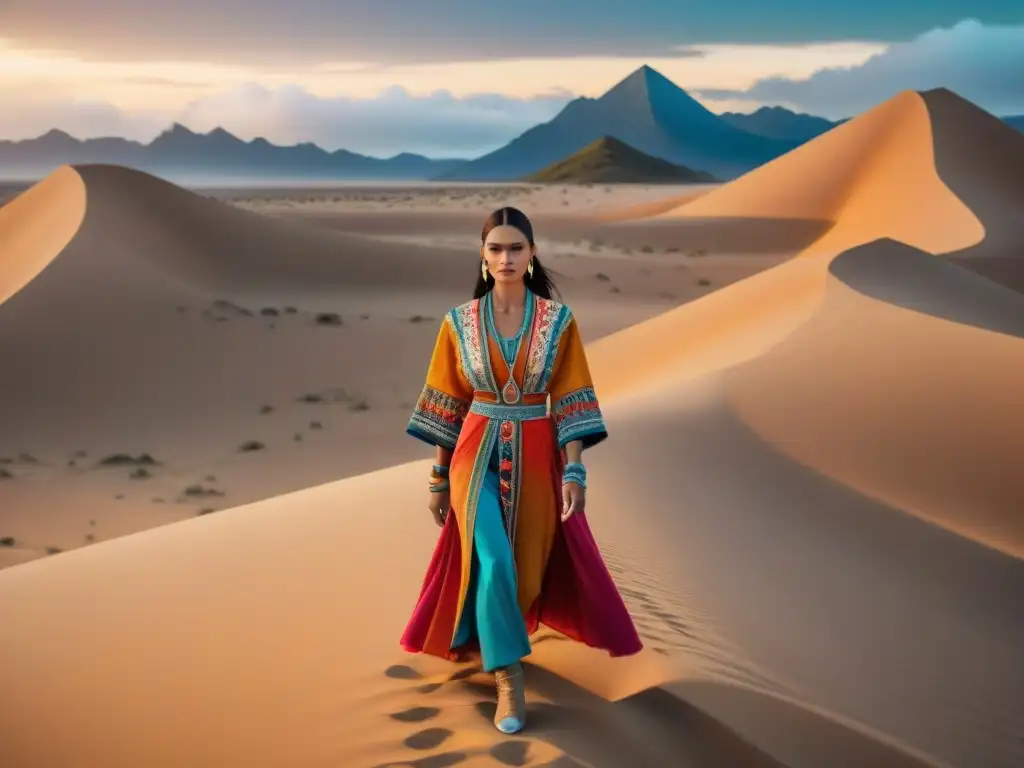 Vestimenta nómada historia diseño: Tribu nómada con bordados y colores vibrantes en el desierto contrasta con pasarela de moda moderna