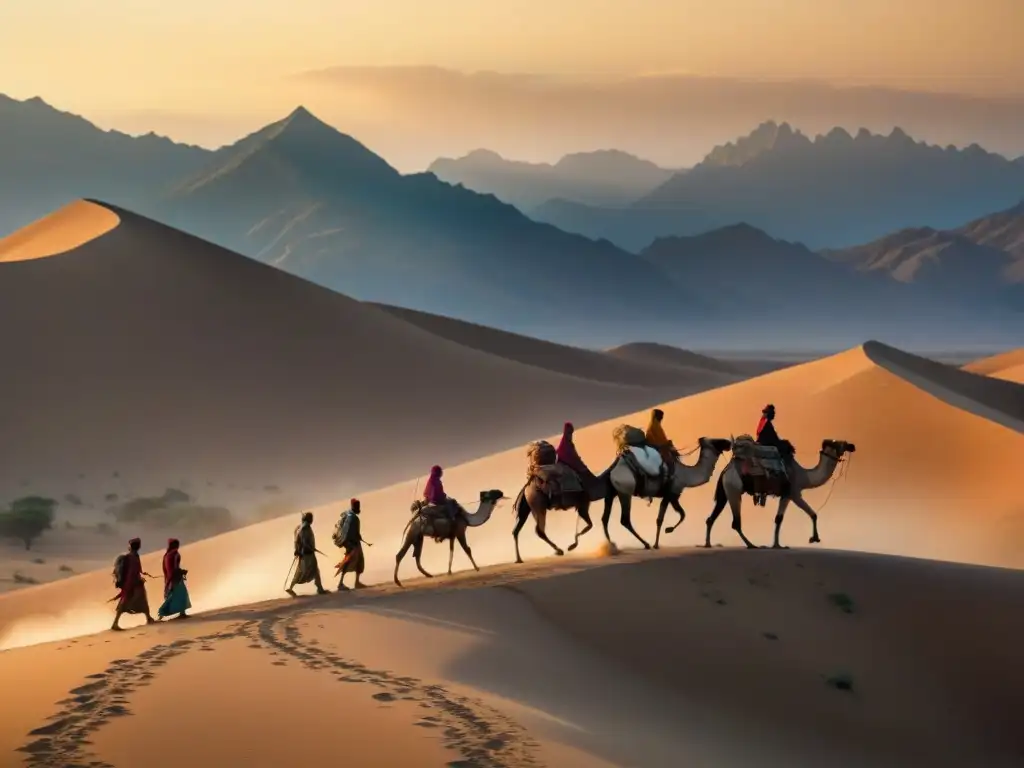 Un viaje ancestral de tribus nómadas a través de paisajes dorados al atardecer