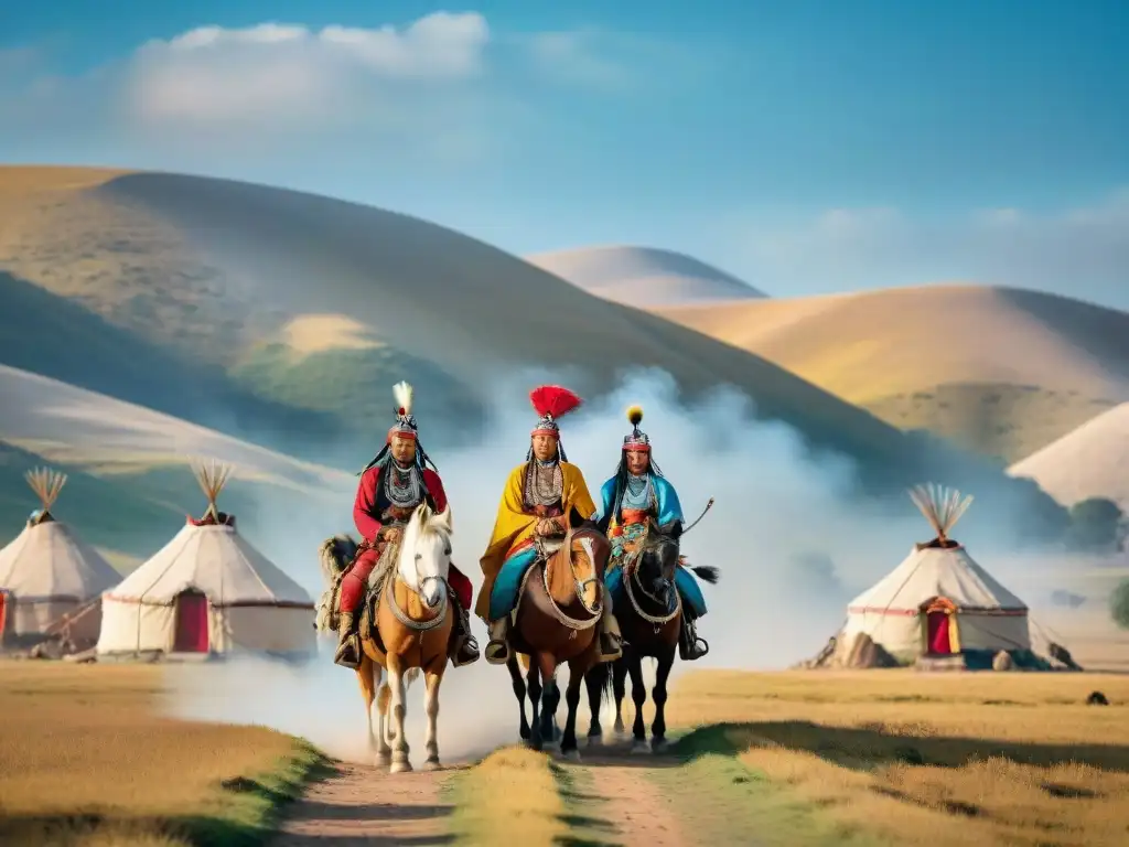 Viaje inolvidable: tribus nómadas cabalgan por estepas doradas bajo cielo azul