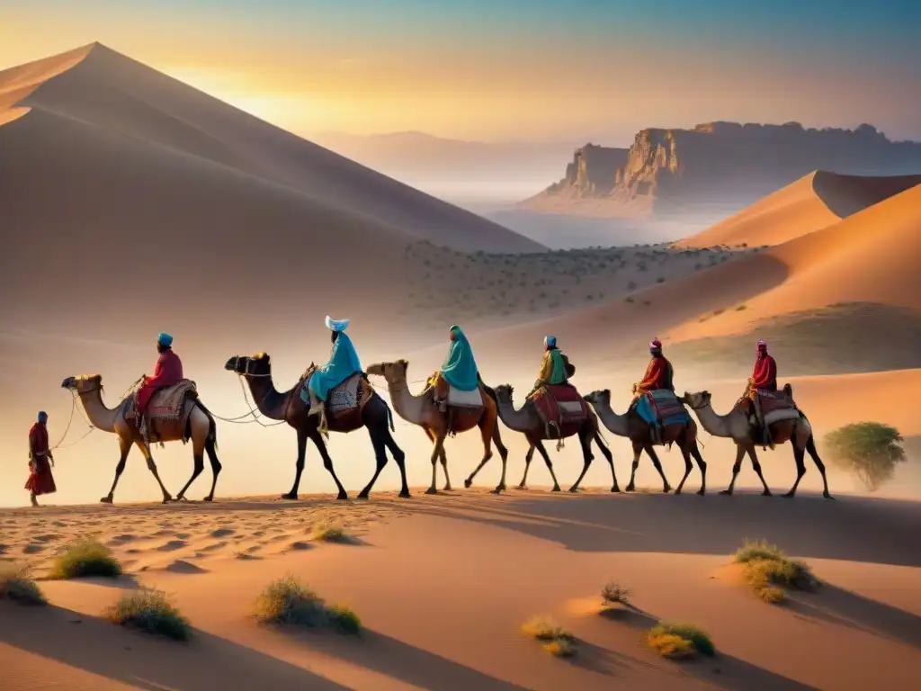 Un viaje mágico de una tribu nómada en el desierto con tiendas detalladas, atuendos tradicionales y camellos al atardecer