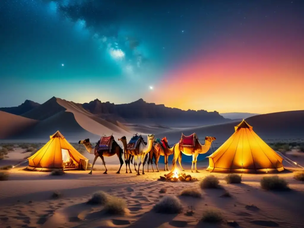 Viaje nocturno de una tribu nómada en el desierto, con tiendas de colores brillantes bajo un cielo estrellado