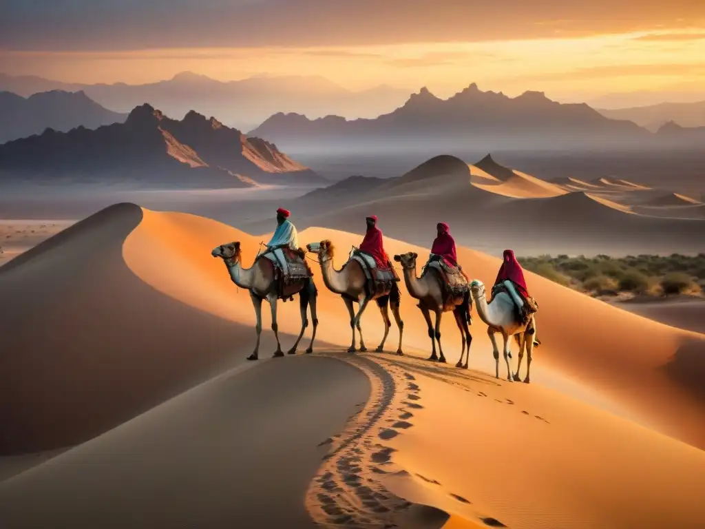 Viaje nomáda al atardecer en el desierto, mostrando la transitoriedad del poder en tribus