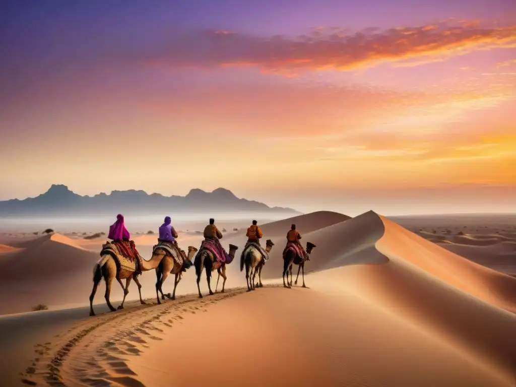 Viaje de una tribu nómada en camellos al atardecer en el desierto