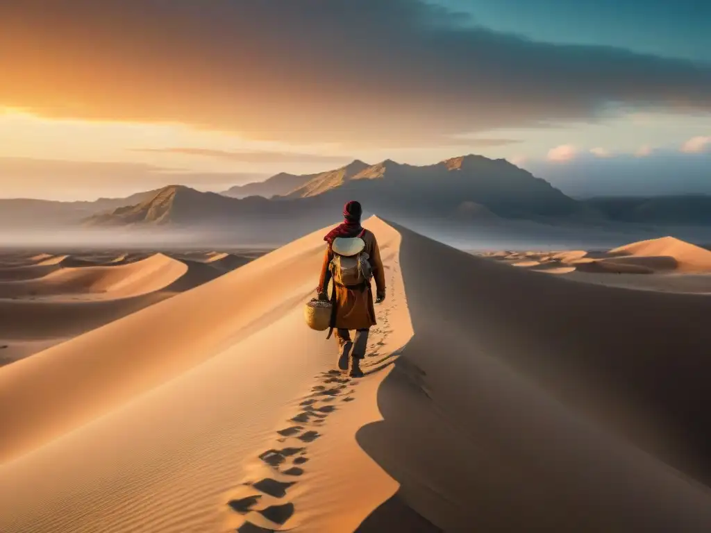 Un viajero solitario atraviesa un vasto desierto al atardecer, simbolizando resistencia y adaptación en la literatura nómada