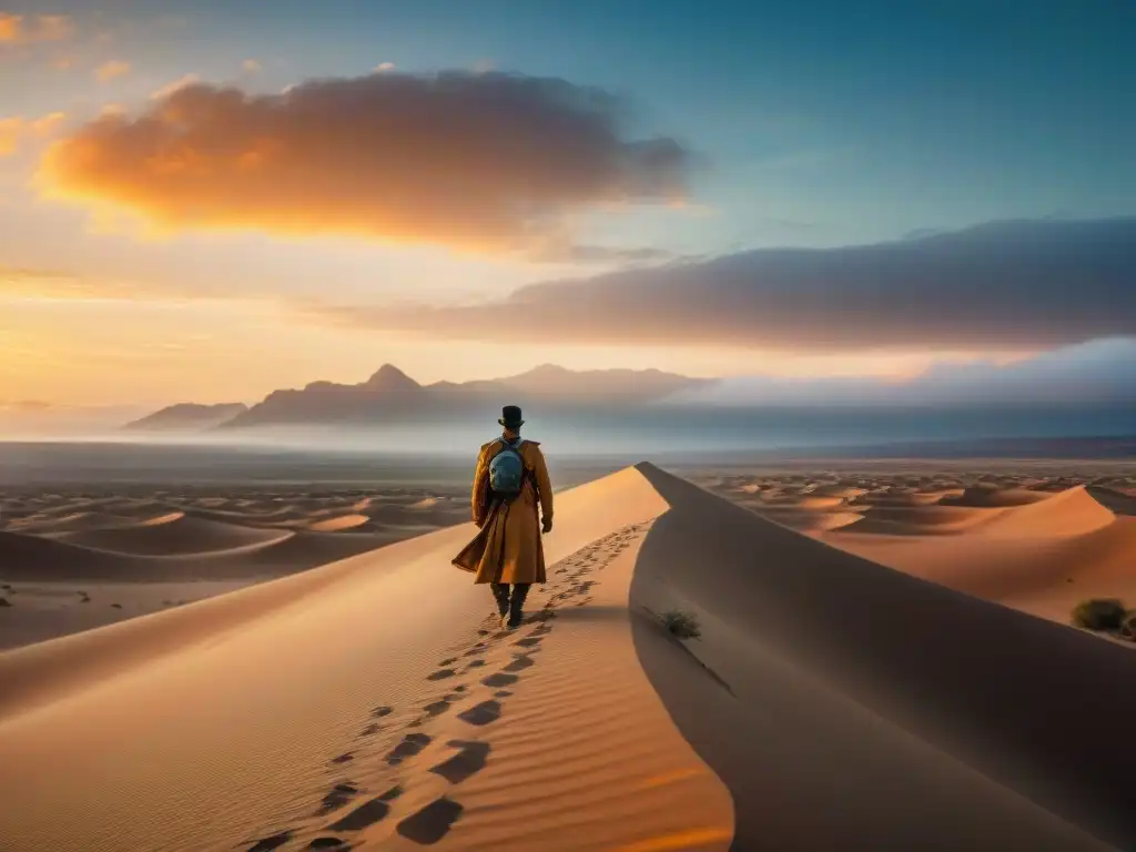 Un viajero solitario en un vasto desierto al atardecer, evocando la gestión del estrés en la vida nómada