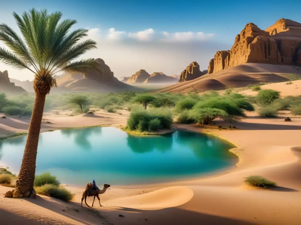 Un viajero descansando a la sombra de una palmera en un oasis del desierto, rodeado de camellos y un agua azul brillante