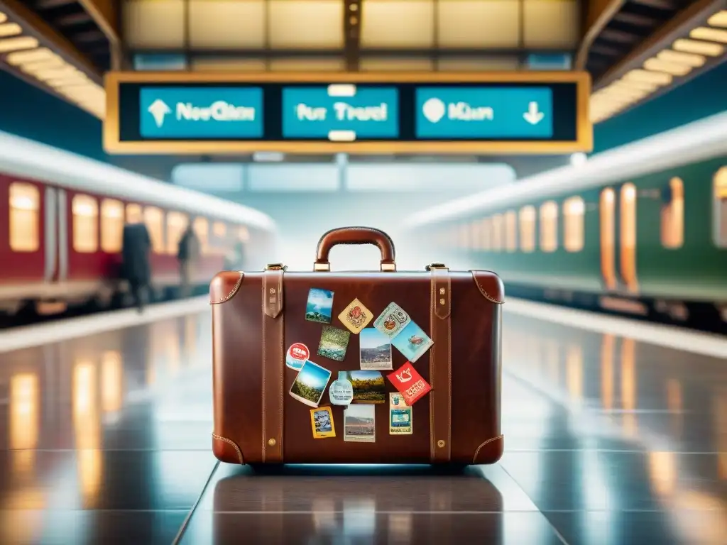 Viajeros apurados pasan junto a una maleta vintage cubierta de calcomanías de viaje en una estación de tren, reflejando la aventura y la diversidad, ideal para la tecnología wearable para nómadas