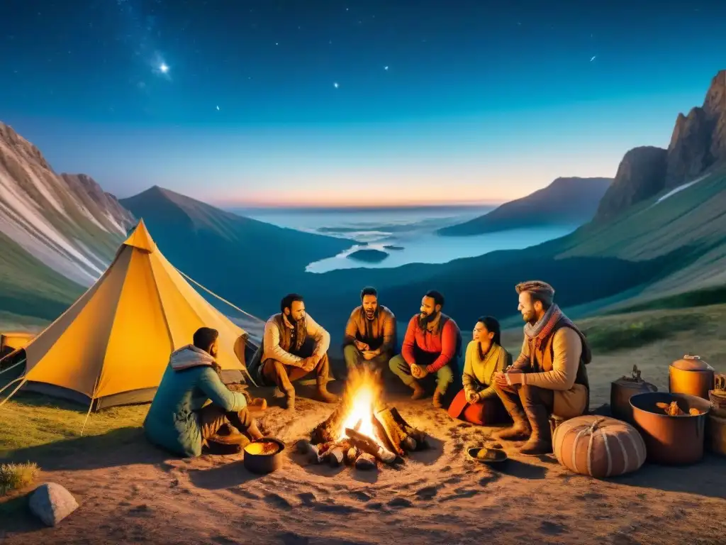 Diversos viajeros preparando una cena alrededor de una fogata en la noche estrellada