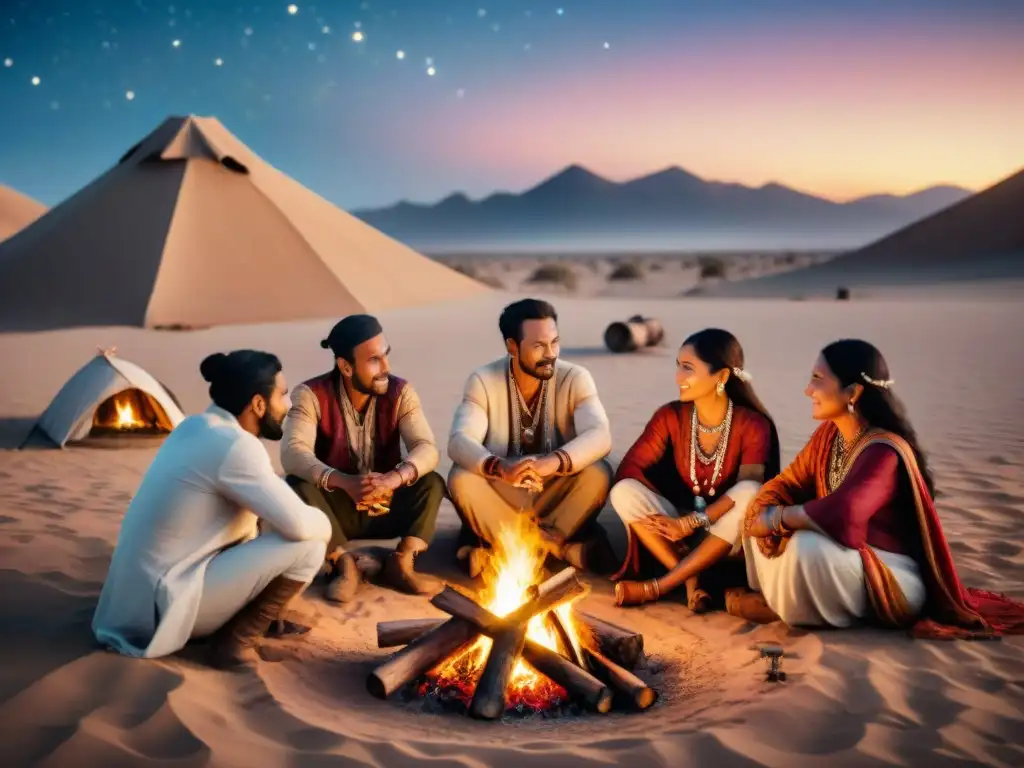 Encuentro multicultural alrededor del fuego en el desierto estrellado Vibrante escena de alianzas tribales nómadas bajo las estrellas del desierto