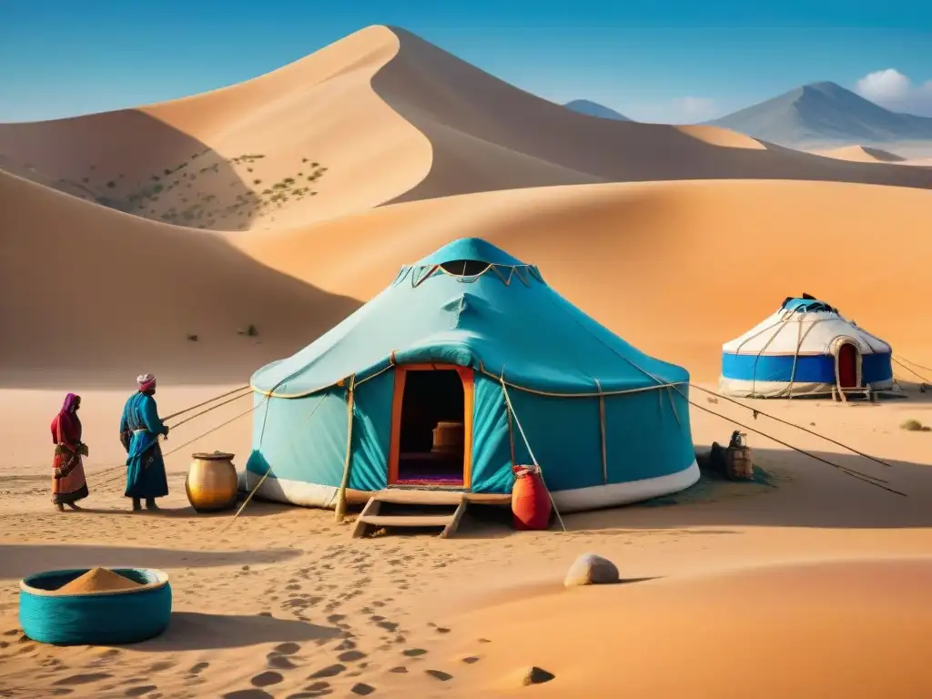 Vibrante escena de arquitectura nómada para estilos de vida en un campamento de yurtas en el desierto