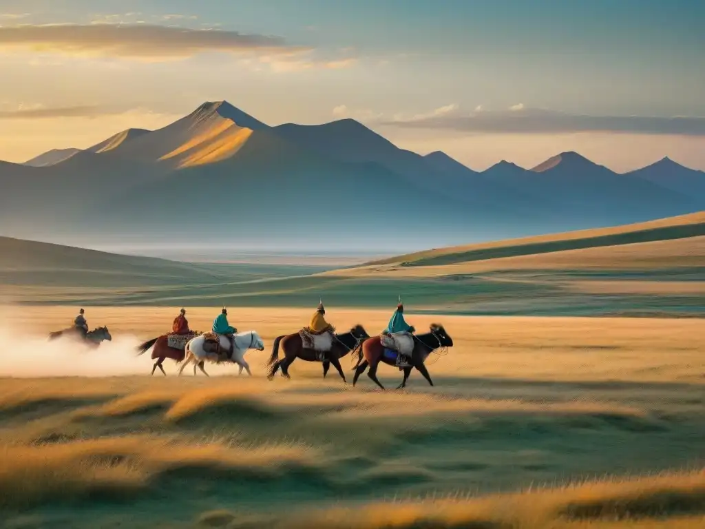 Vibrante escena de tribu nómada Kazakh en estepa mongol al atardecer