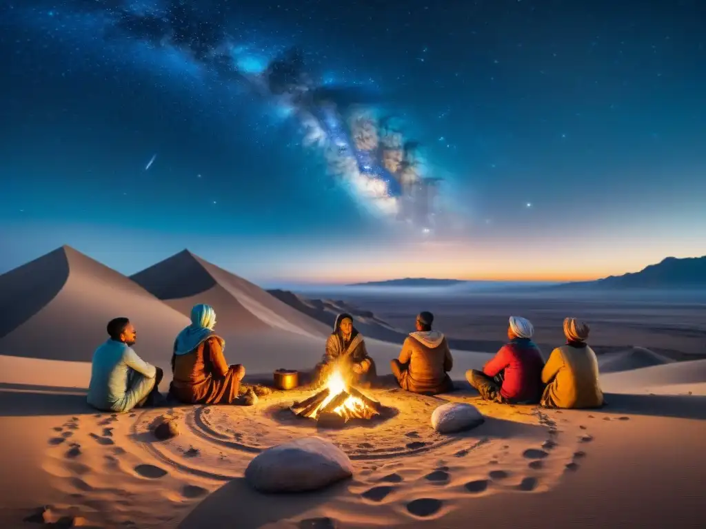 Vibrante escena nocturna en desierto con tribu nómada alrededor del fuego, conectados a las estrellas