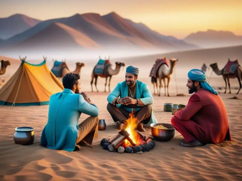 Vibrante escena de tribus nómadas compartiendo una comida alrededor de una fogata en el desierto