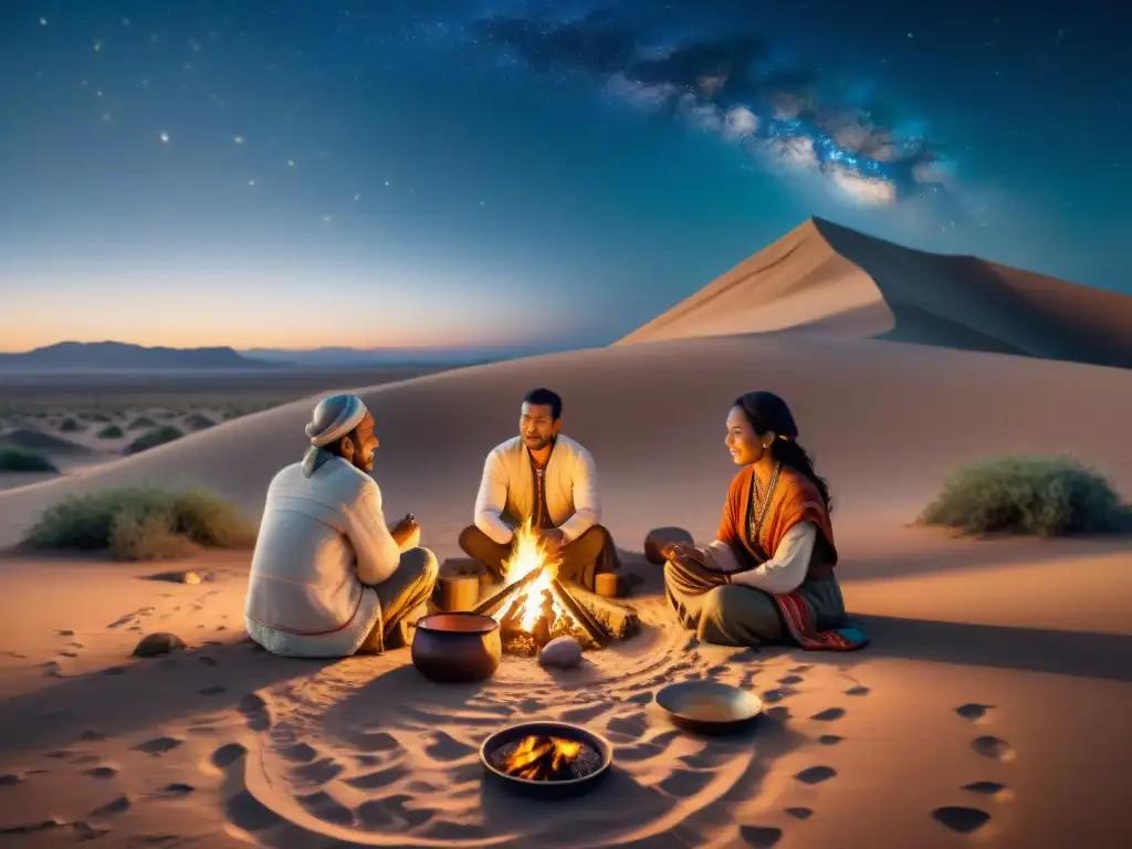 Vibrante escena de tribus nómadas junto a fogata en el desierto, con estrellas brillando en el cielo nocturno