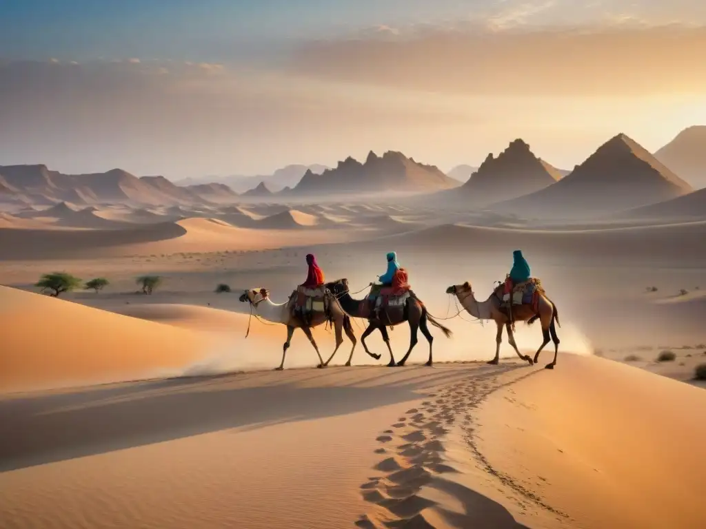 Vibrante escena de vida nómada sostenible en el desierto, con caravanas de camellos y un oasis distante, capturando el impacto ecológico