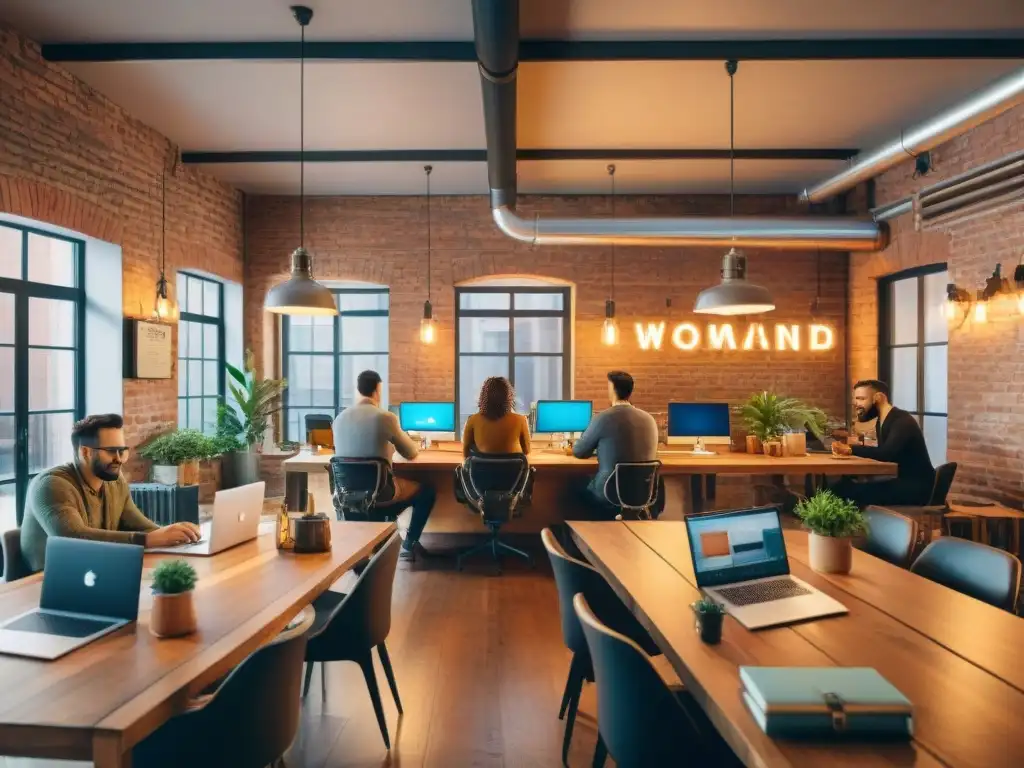 Un vibrante espacio de coworking para nómadas digitales, con un ambiente creativo y comunitario en un entorno vintage