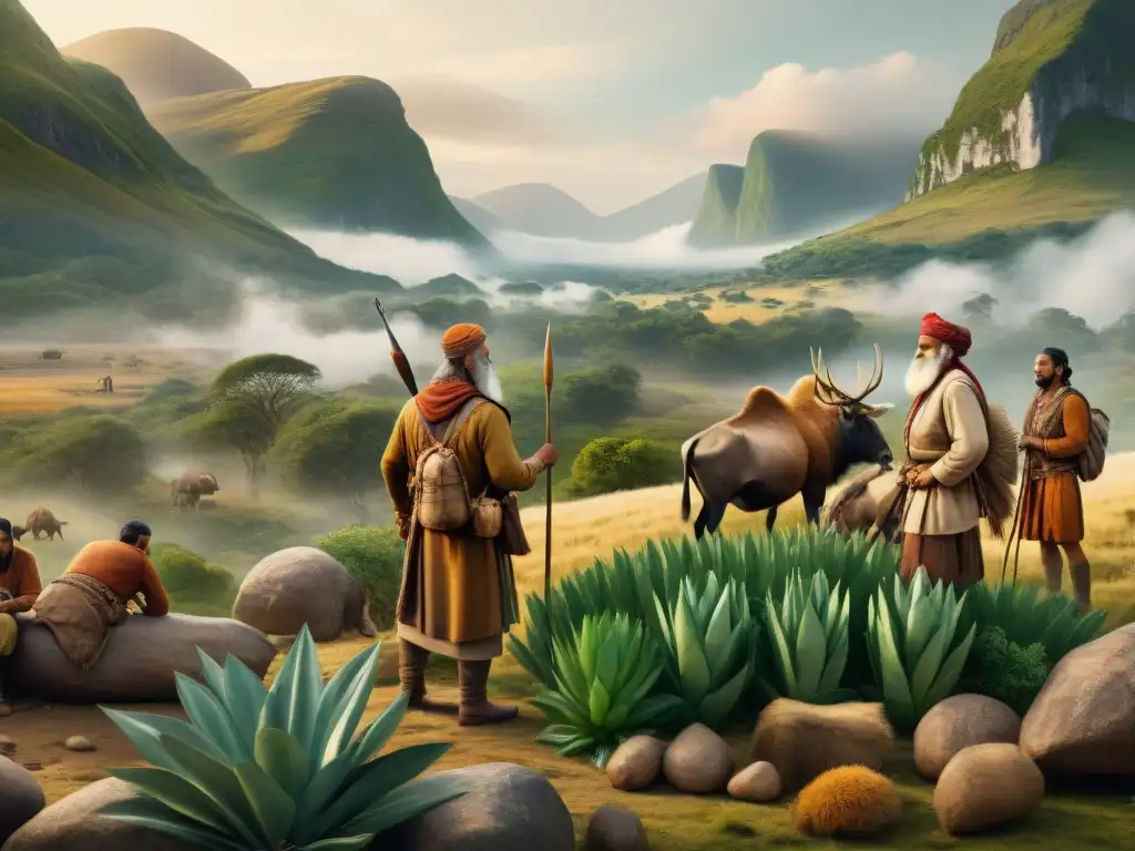 Vibrante ilustración vintage de estrategias caza recolección alimentaria nómada en paisaje prehistórico