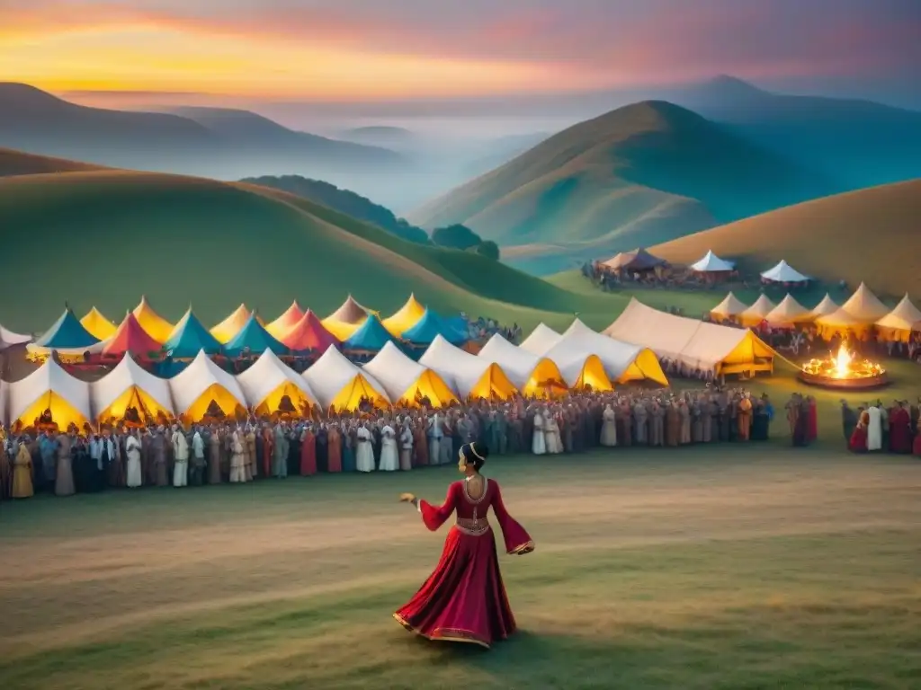 Un vibrante festival nómada con música y danza en un escenario colorido al atardecer