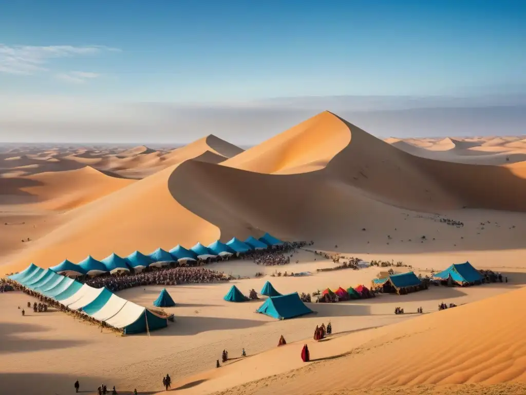 Vibrante festival nómada en el desierto: coloridas tiendas, tribus en actividad cultural