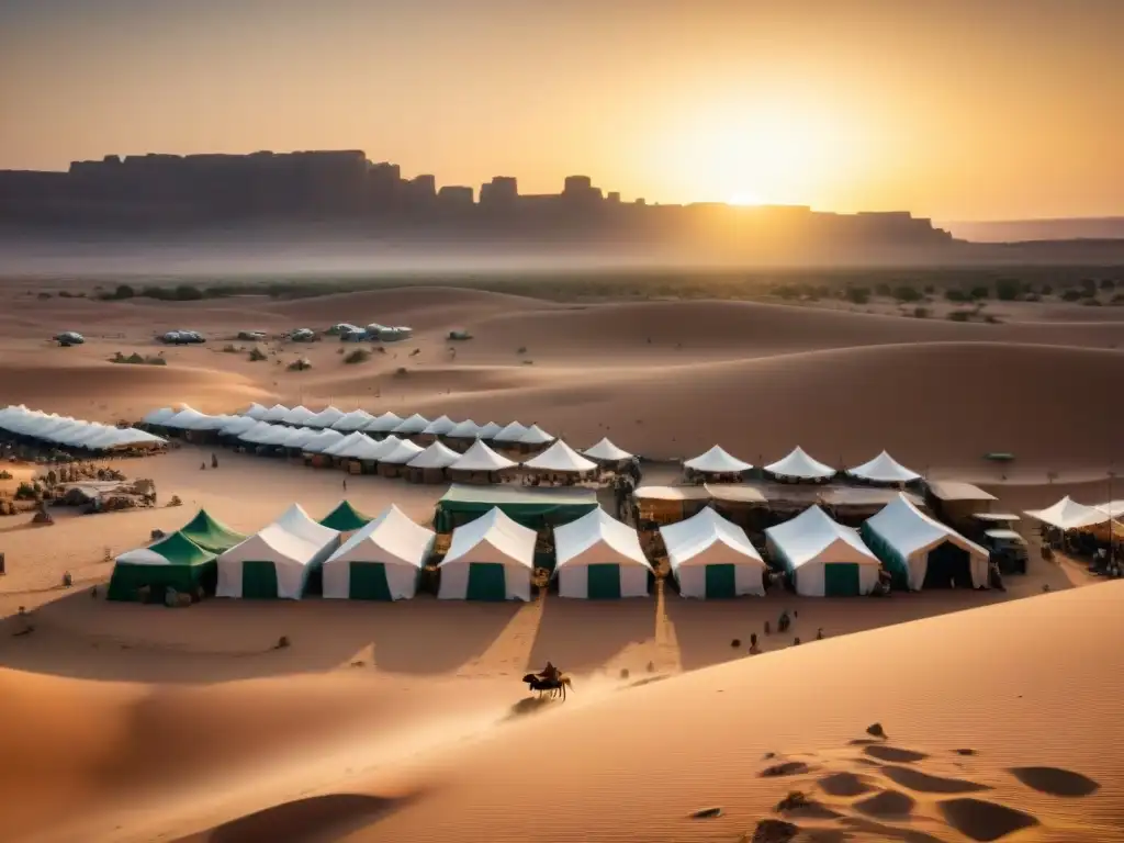 Vibrante mercado beduino en el desierto con arquitectura efímera y colores terrosos