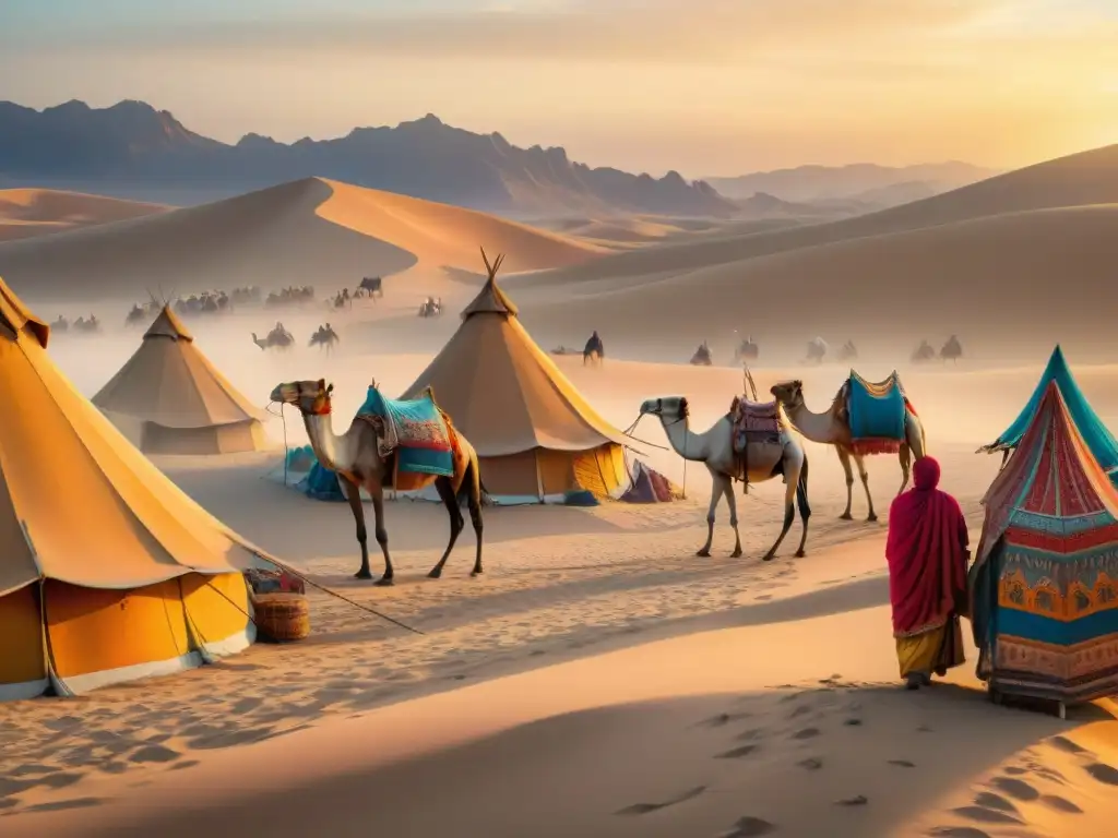 Un vibrante mercado nómada en el desierto al atardecer: trueque, comercio y sustento en economía nómada